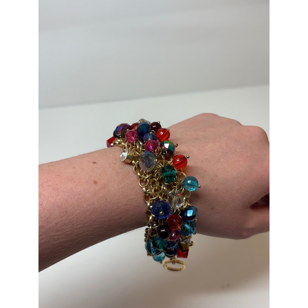 Gold Tone Multi Strand Colorful Crystal Bead Toggle Clasp Charm Bracelet - Picture 3 of 5